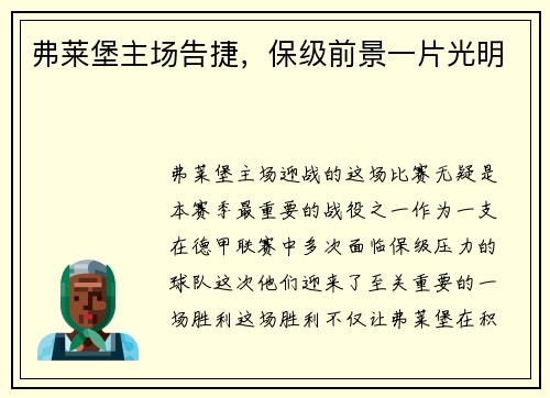 弗莱堡主场告捷，保级前景一片光明
